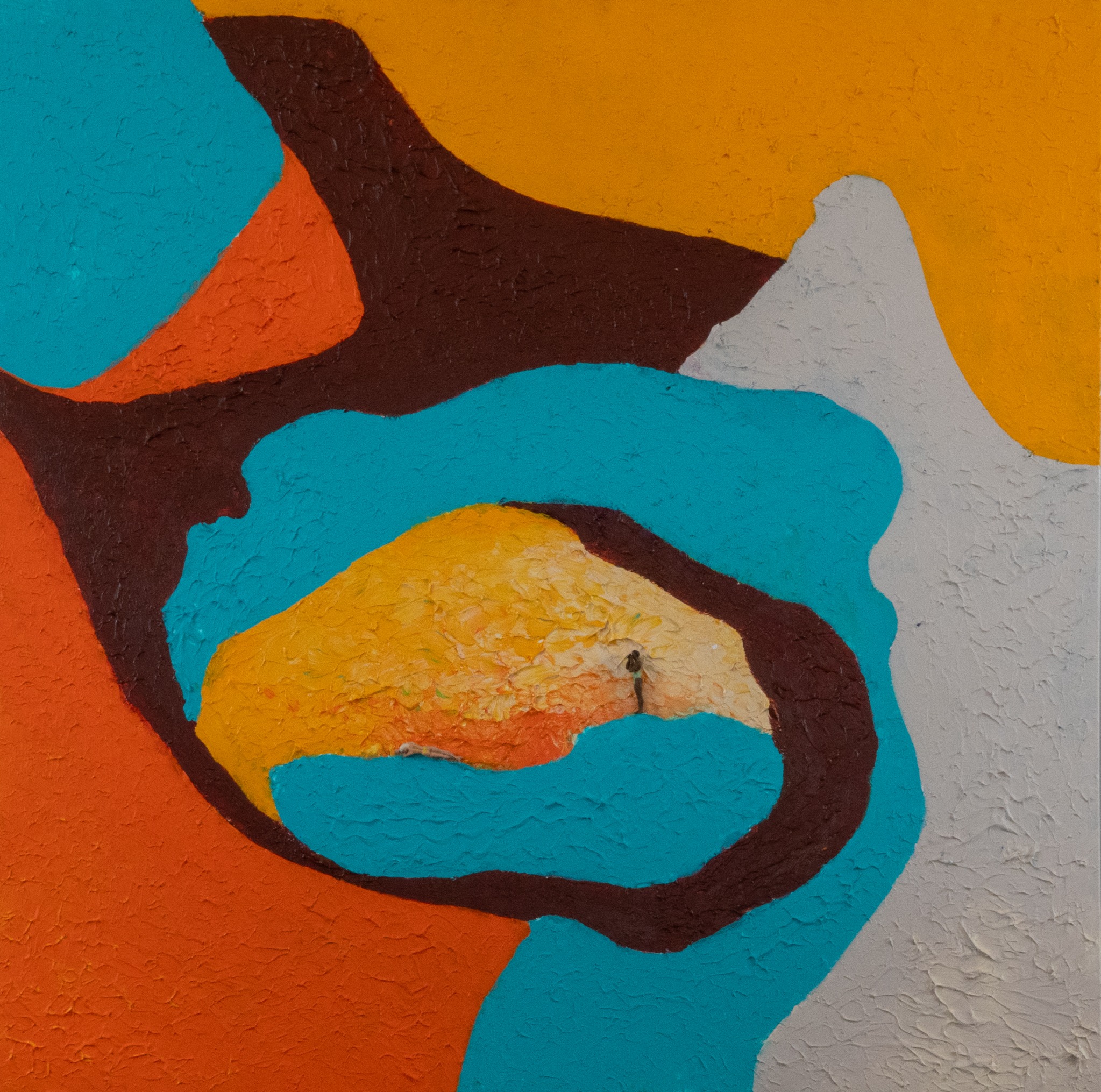 A relief painting in turquoise, yellow, orange, brown and white, with two small human figures.