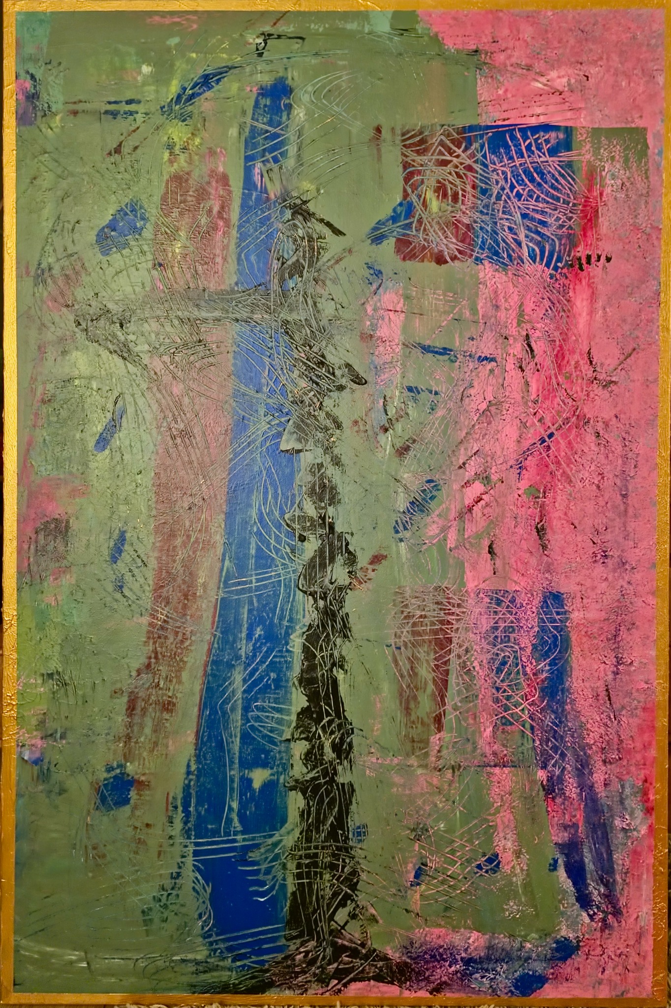 An abstract painting with green, blue and pink fields, incised lines and a gold border.