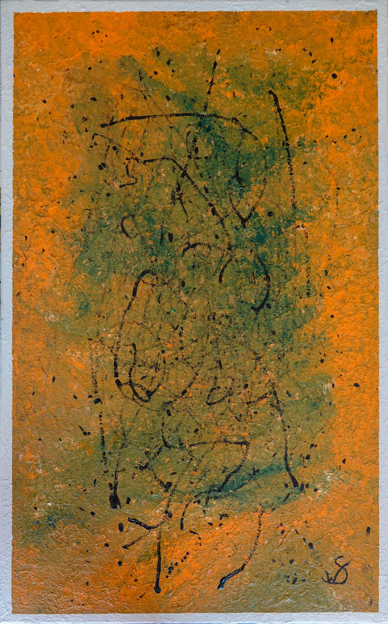 Ierland, a painting with orange and green textures, black marks and a pale border.