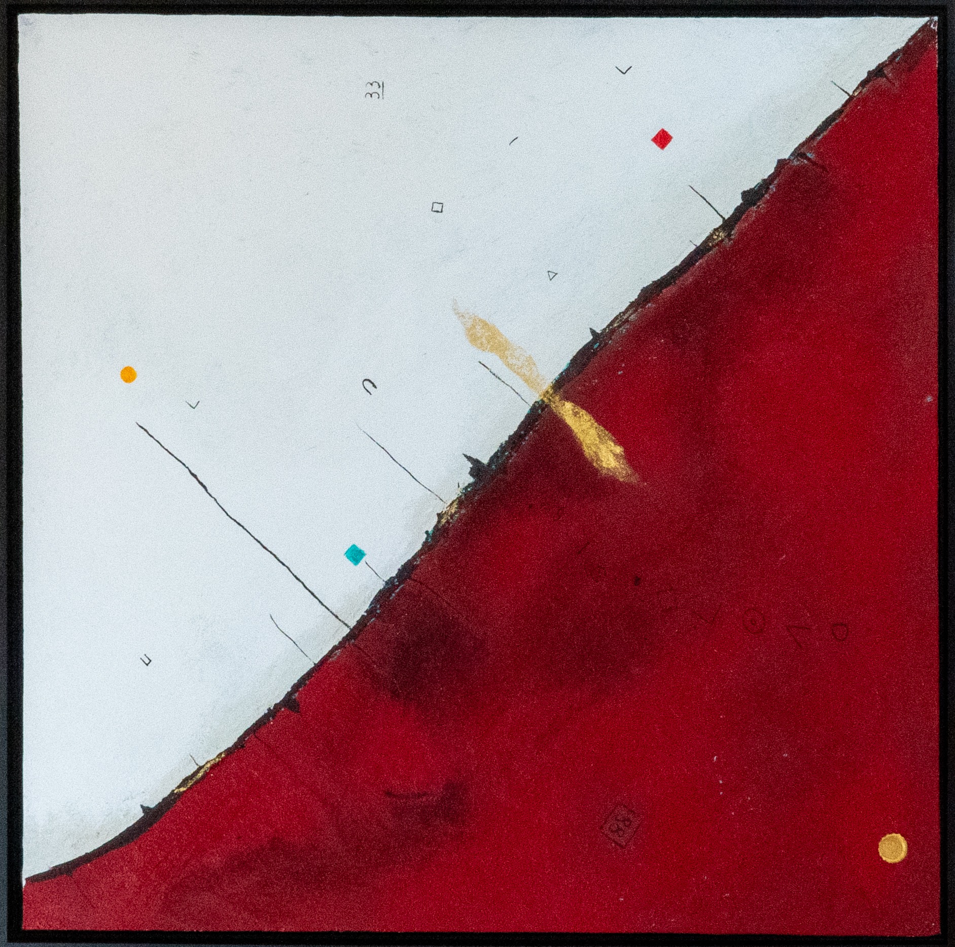 Utrecht, a diamond-shaped painting with pale and dark red fields, a dark diagonal line and small coloured marks.